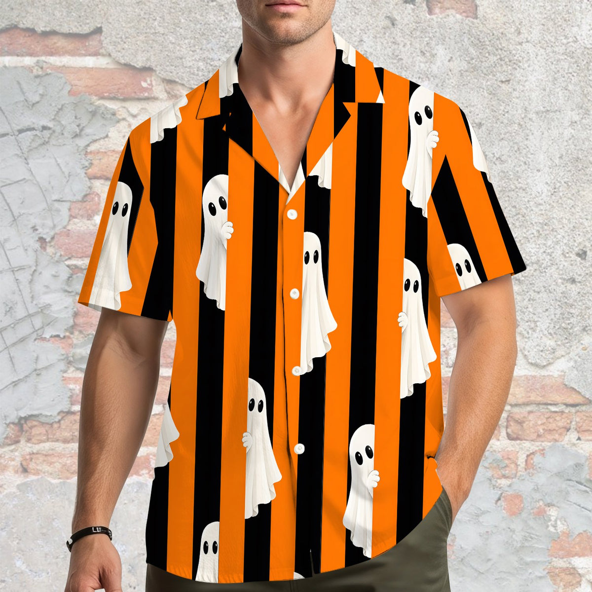 Second lifestyle view of the halloween ghost hawaiian shirt