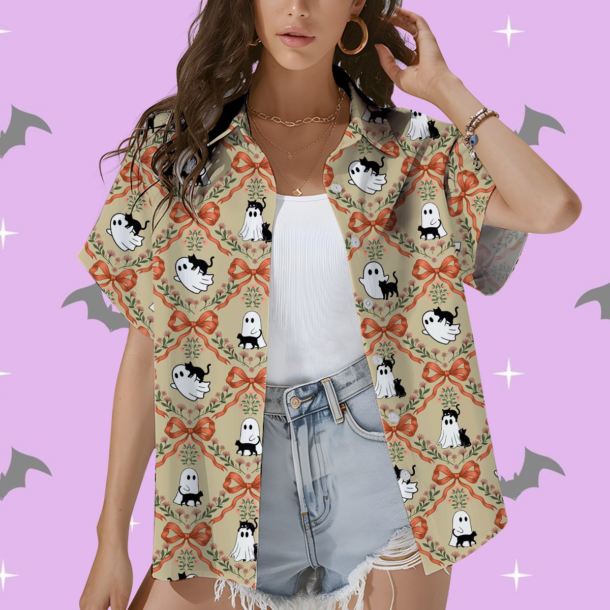 Second lifestyle view of matching family hawaiian shirts with halloween ghost and cat design