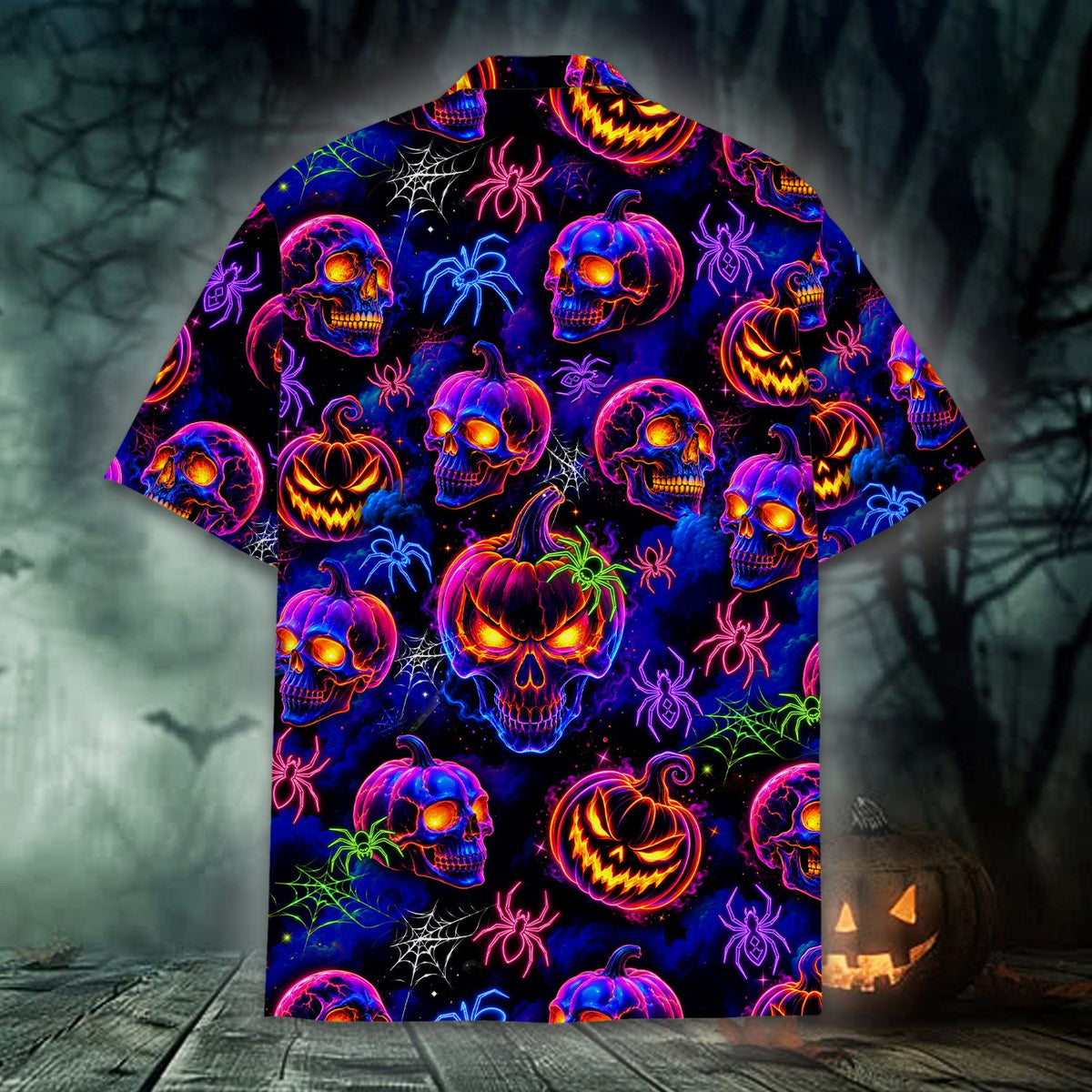 Third lifestyle view highlighting the halloween hawaiian shirt details