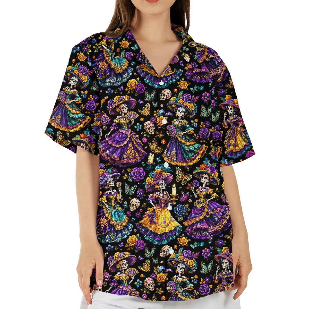 Third lifestyle view highlighting the vibrant seasonal design of the shirt
