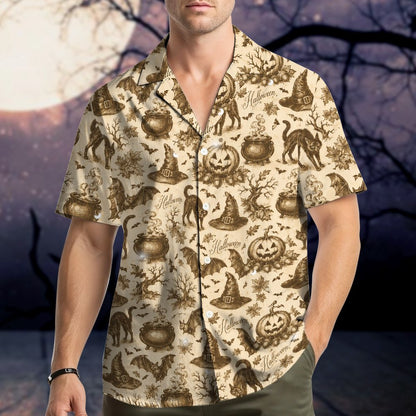Third lifestyle view of the vintage sepia halloween hawaiian shirt in a festive setting