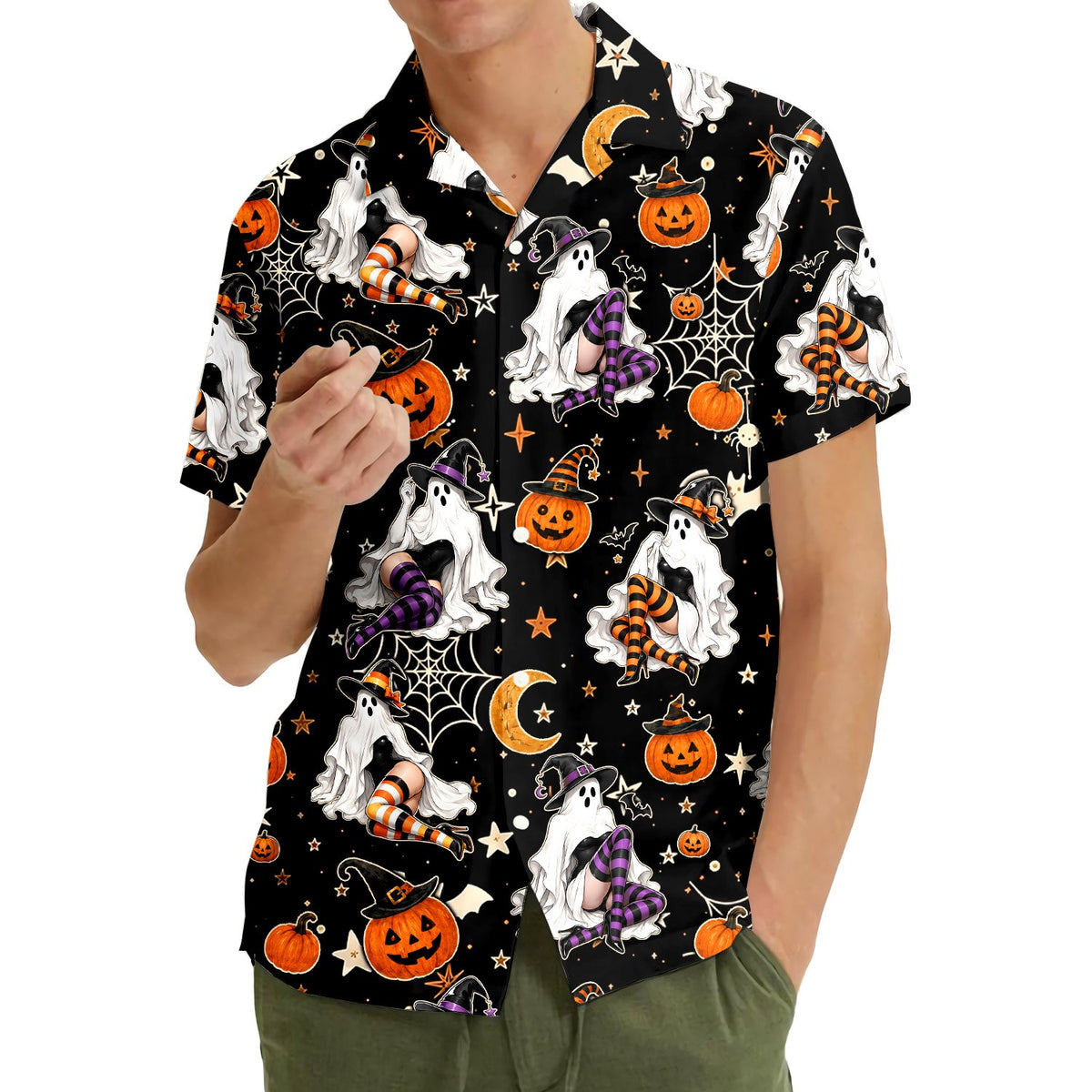 Family wearing matching halloween hawaiian shirts, lifestyle view 3