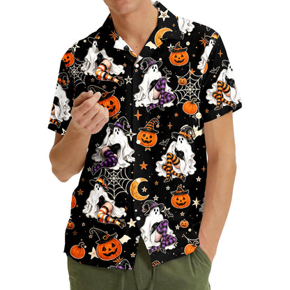 Family wearing matching halloween hawaiian shirts, lifestyle view 3