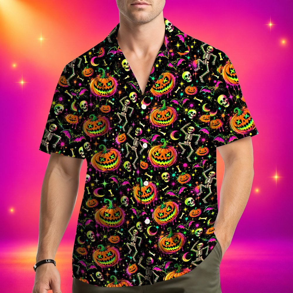 Third lifestyle shot highlighting the vibrant neon halloween pattern on the hawaiian shirts