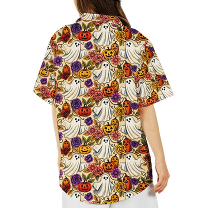Lifestyle view highlighting the vibrant vintage Halloween design on the Hawaiian shirt