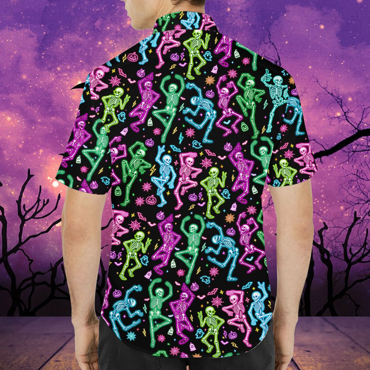 Third lifestyle view highlighting the vibrant neon colors of the halloween hawaiian shirt