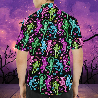 Third lifestyle view highlighting the vibrant neon colors of the halloween hawaiian shirt