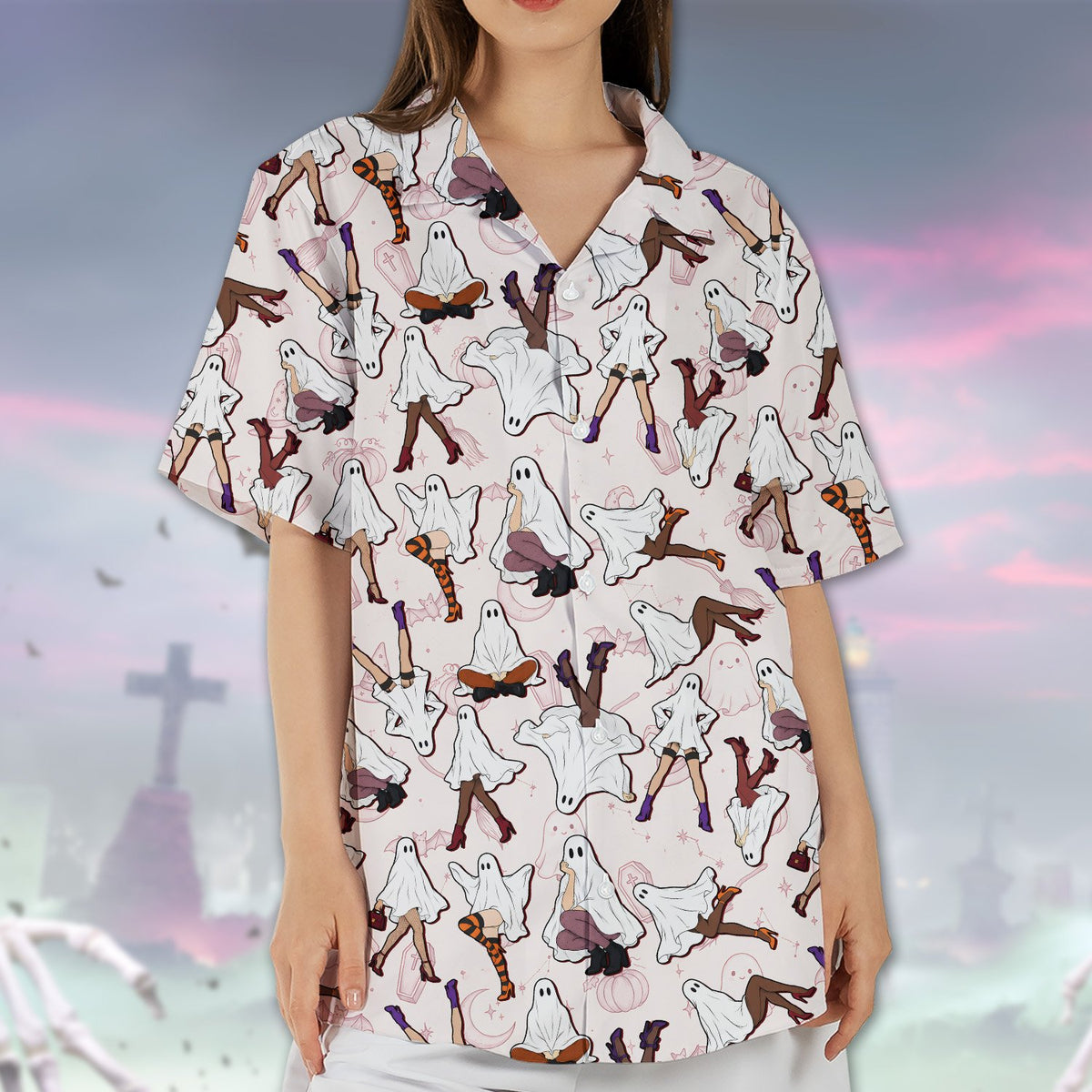 Lifestyle shot of the halloween hawaiian shirt