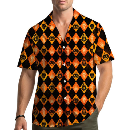 Third lifestyle image of the black and orange Halloween hawaiian shirt