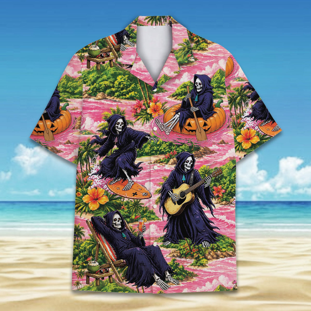 Another lifestyle shot of the halloween hawaiian shirt