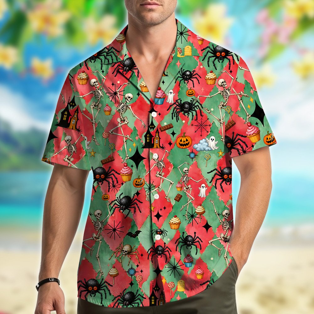 Matching family hawaiian shirts in halloween print, lifestyle view 3