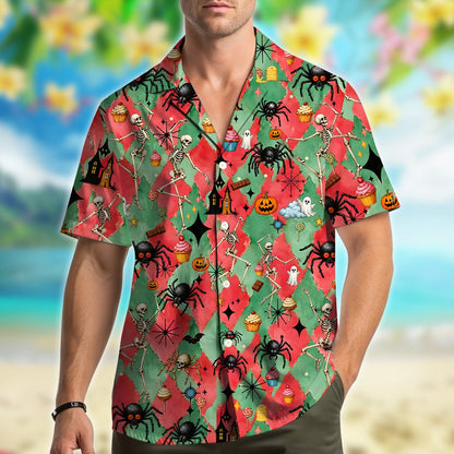 Matching family hawaiian shirts in halloween print, lifestyle view 3