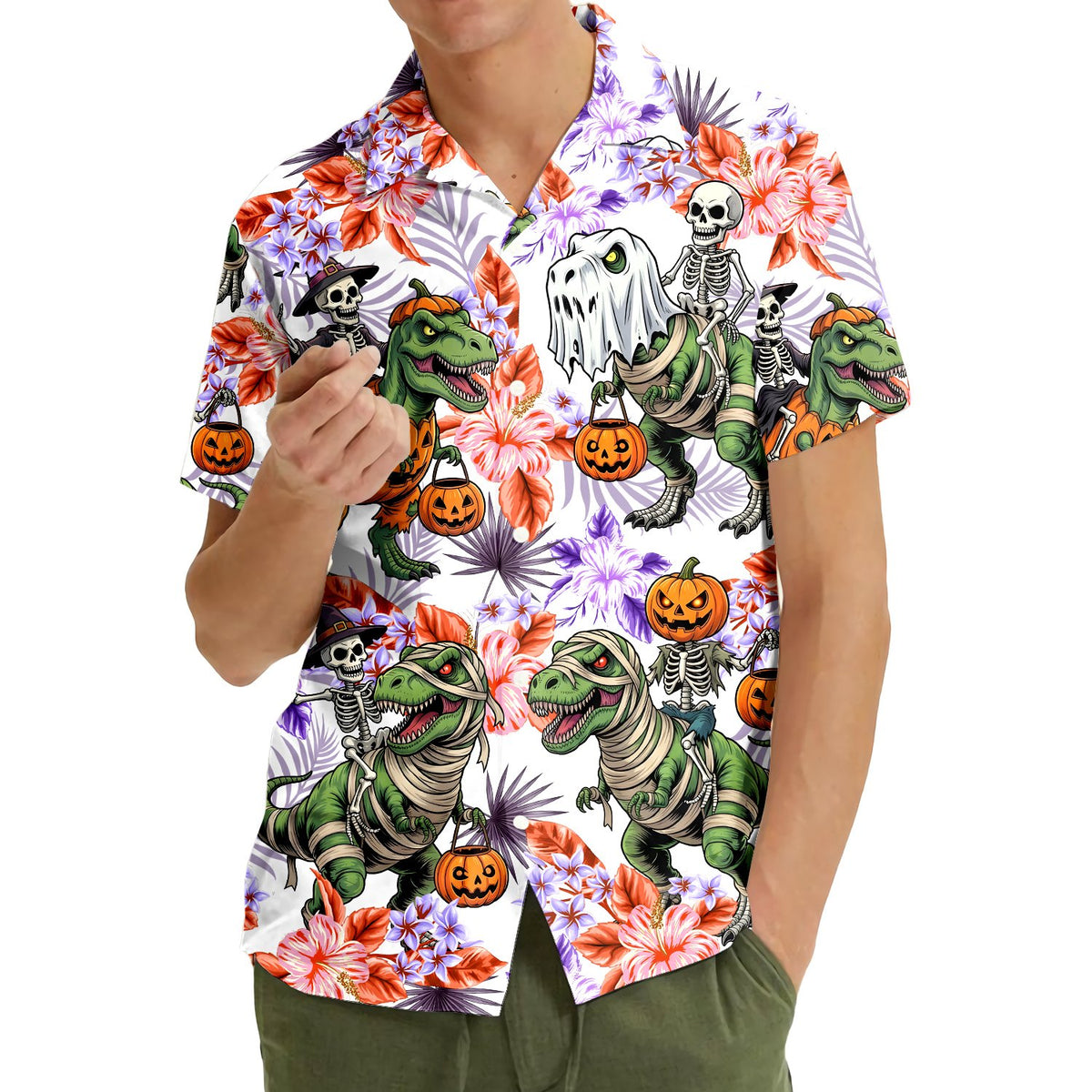 Third lifestyle view showing the fun dinosaur ghost print on the hawaiian shirt