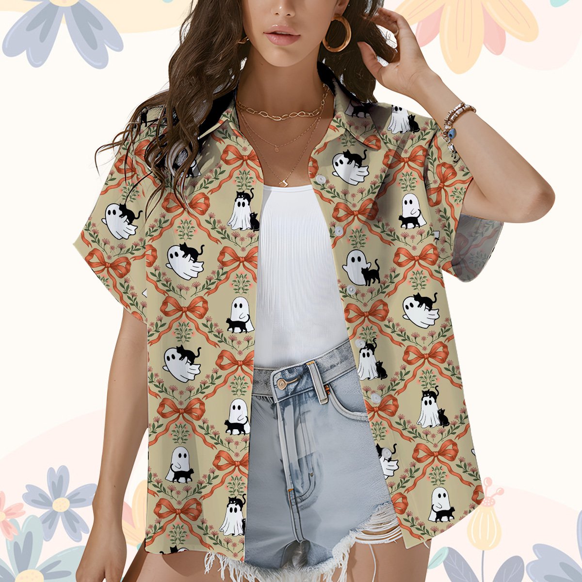 Third lifestyle view of matching family hawaiian shirts with halloween ghost and cat design
