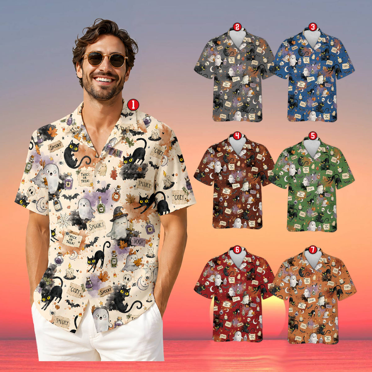 Lifestyle view of a family wearing the matching family halloween hawaiian shirts