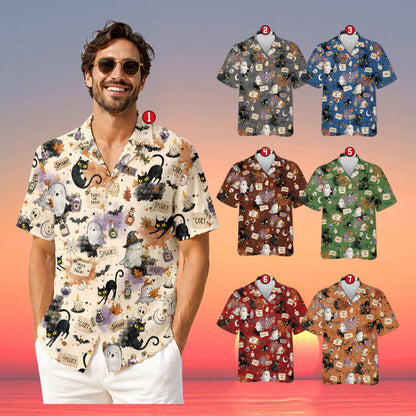 Lifestyle view of a family wearing the matching family halloween hawaiian shirts