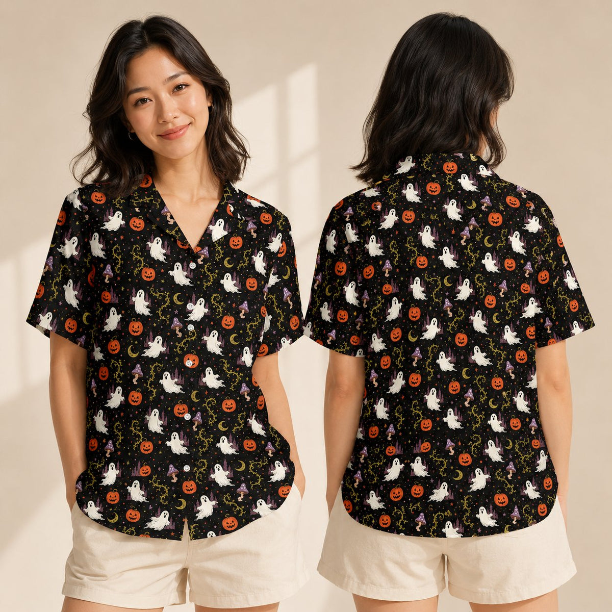 Lifestyle view of matching family hawaiian shirts with a festive halloween pattern