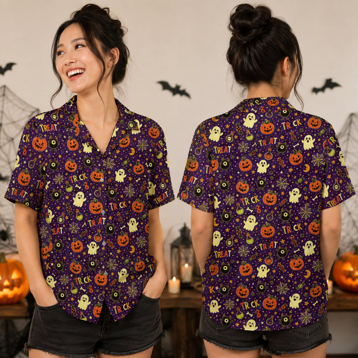 Lifestyle view of the family matching Halloween hawaiian shirt