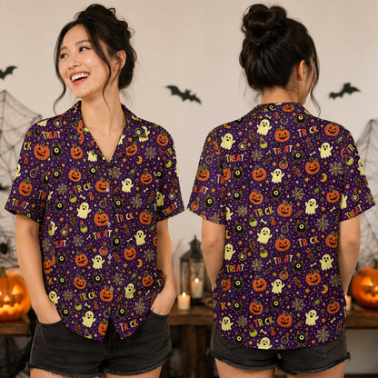 Lifestyle view of the family matching Halloween hawaiian shirt