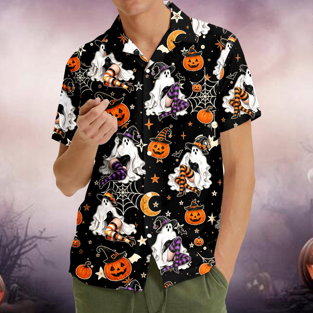Family wearing matching halloween hawaiian shirts, lifestyle view 4