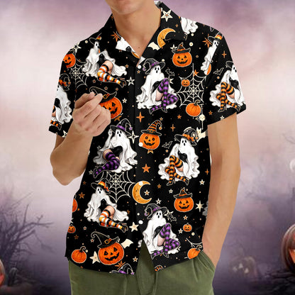 Family wearing matching halloween hawaiian shirts, lifestyle view 4