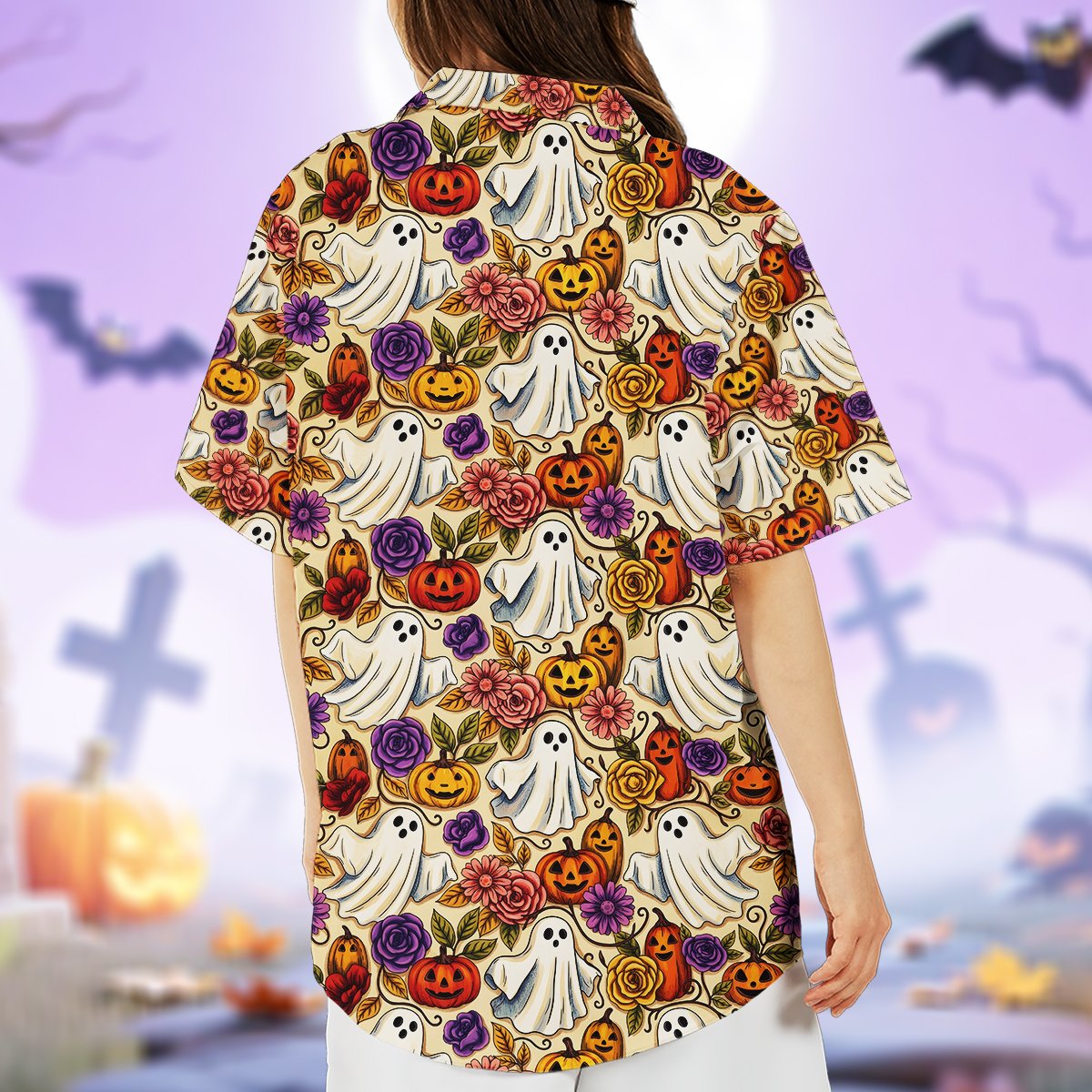 Final lifestyle view of the yellow Halloween Hawaiian shirt