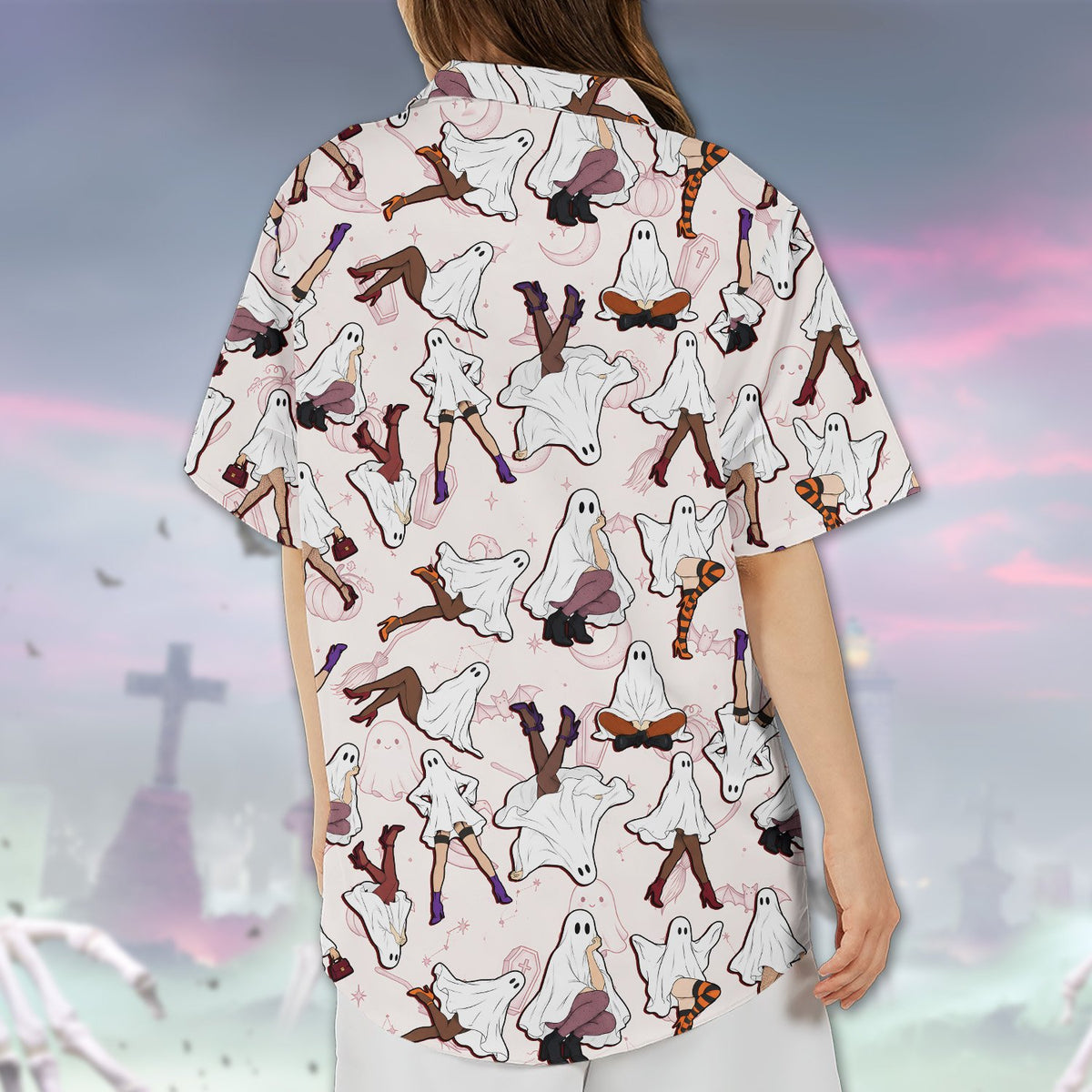 Another lifestyle view of the halloween themed hawaiian shirt