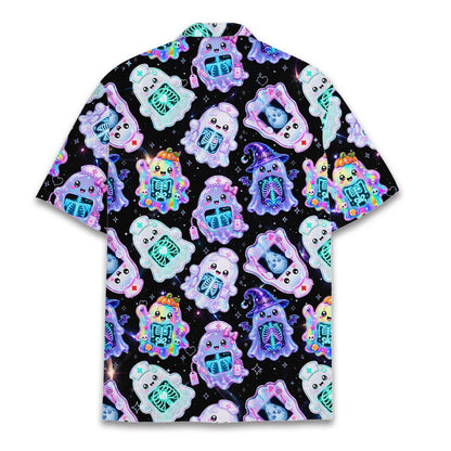 Close-up lifestyle image of the halloween hawaiian shirt collar and button details