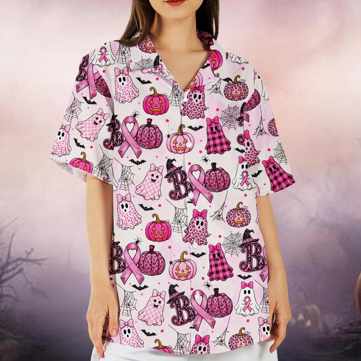 Pink Halloween patterned hawaiian shirt in a lifestyle setting