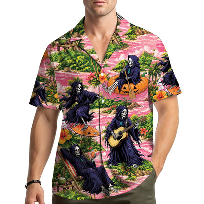 Close up lifestyle view of the surfing grim reaper shirt design
