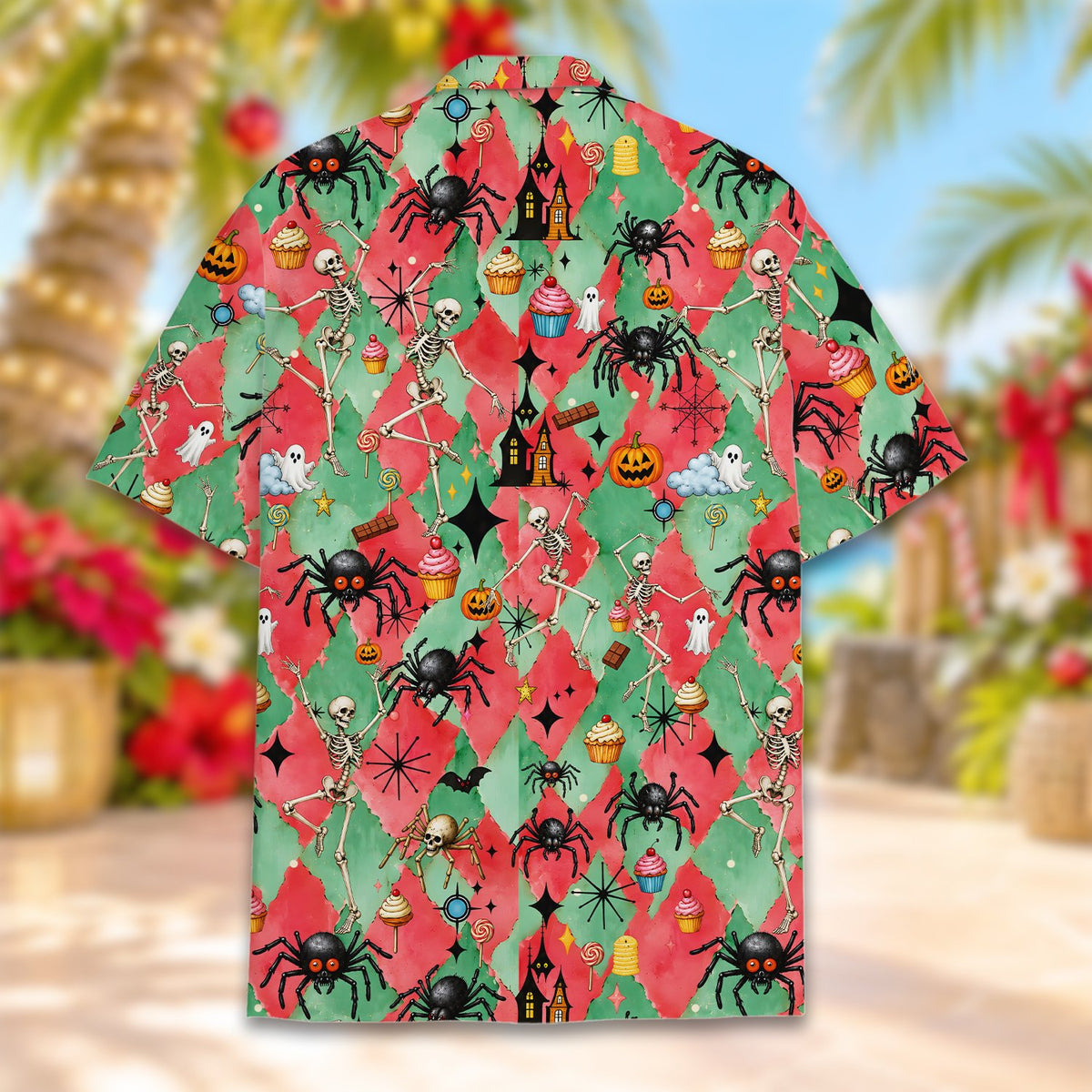 Matching family hawaiian shirts in halloween print, lifestyle view 4