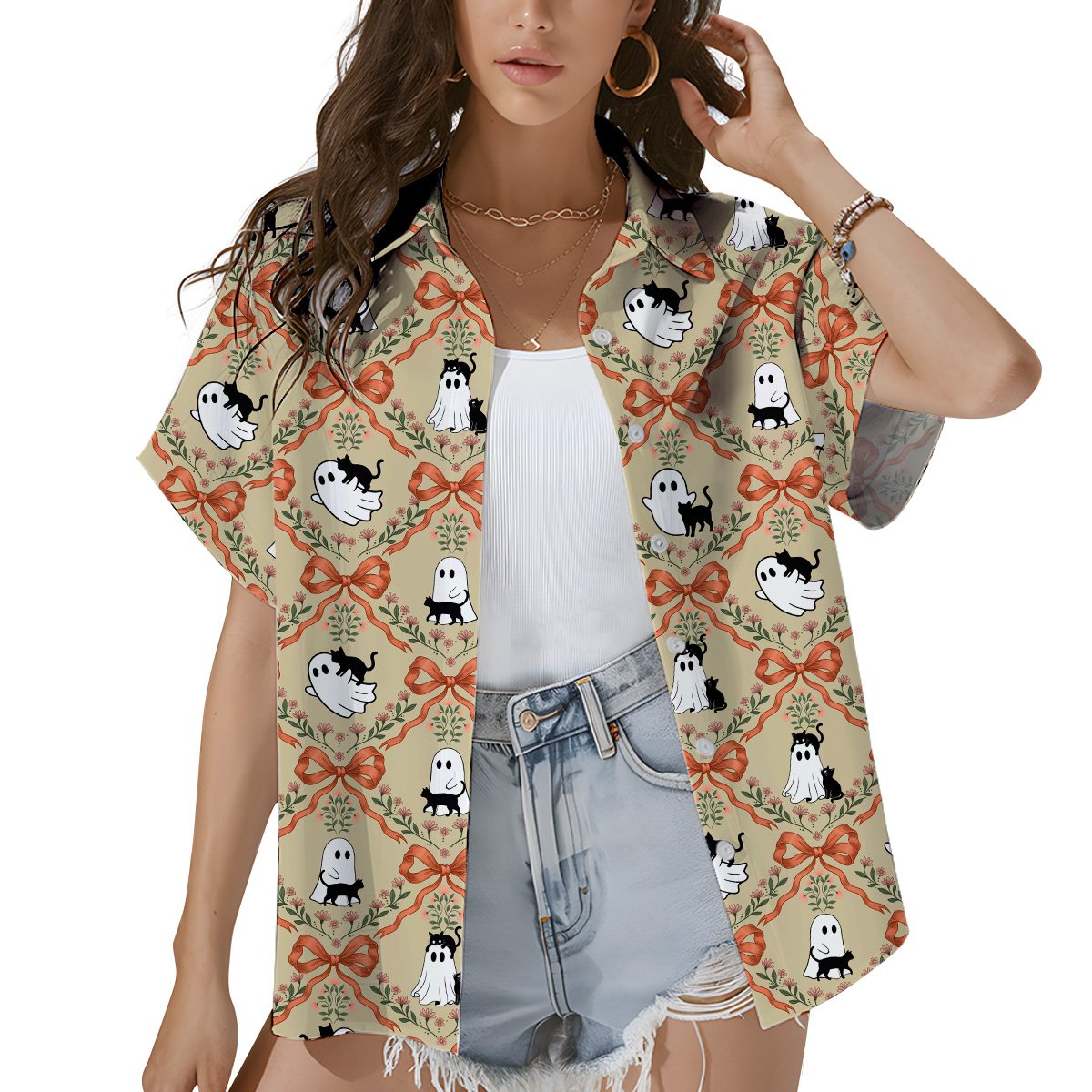 Fourth lifestyle view of matching family hawaiian shirts with halloween ghost and cat design