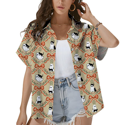 Fourth lifestyle view of matching family hawaiian shirts with halloween ghost and cat design