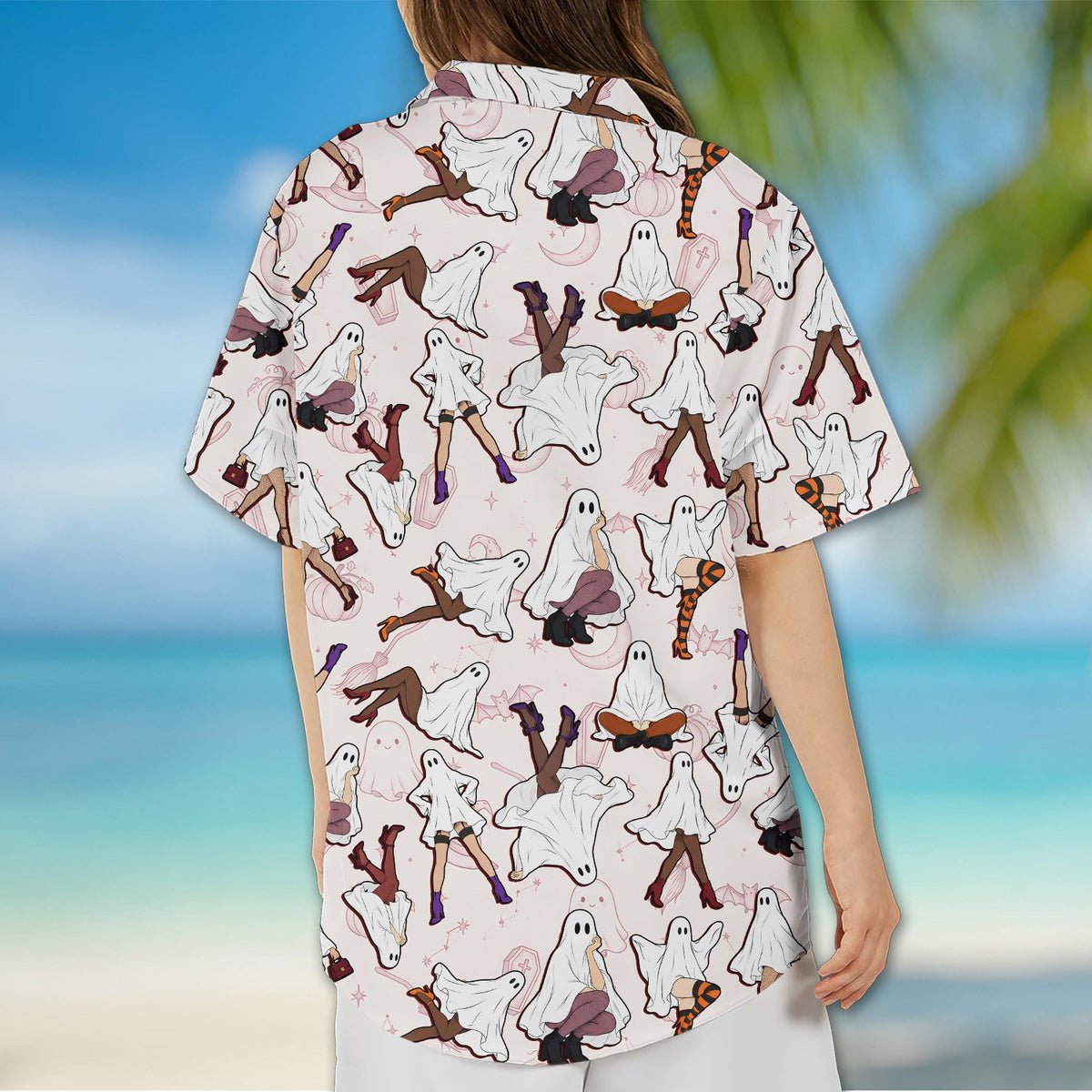 Group wearing the ghost print matching family hawaiian shirts