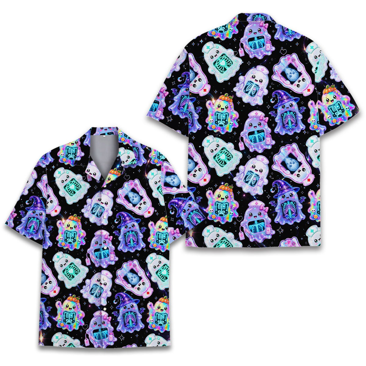 Lifestyle view of a group wearing matching family hawaiian shirts