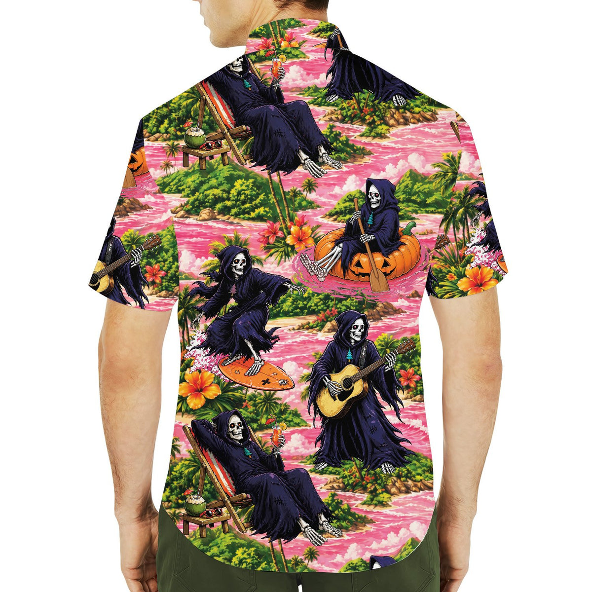 Lifestyle view showing the full tropical halloween hawaiian shirt design