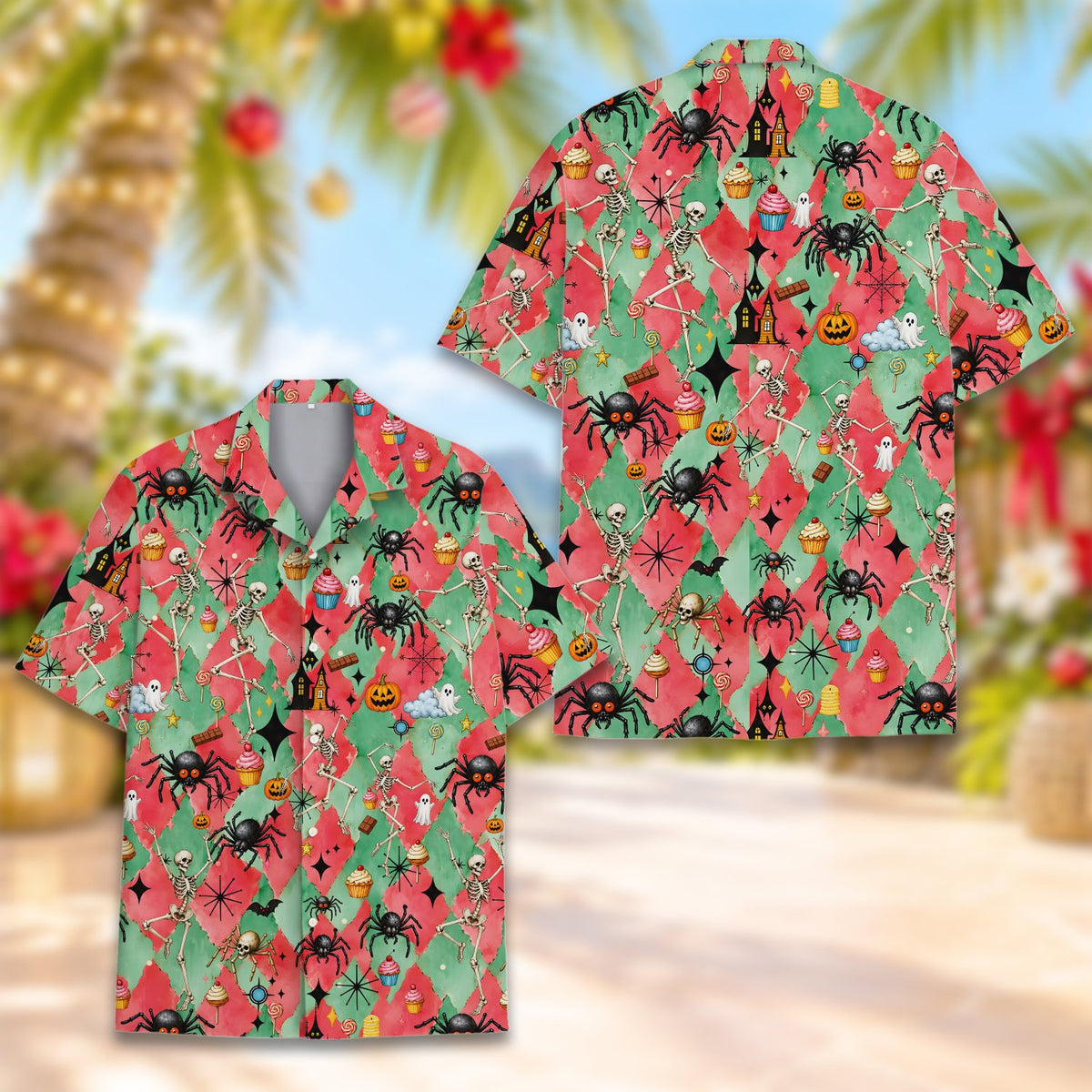 Matching family hawaiian shirts in halloween print, lifestyle view 5