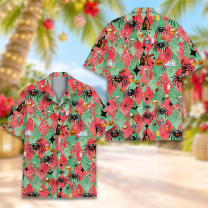 Matching family hawaiian shirts in halloween print, lifestyle view 5