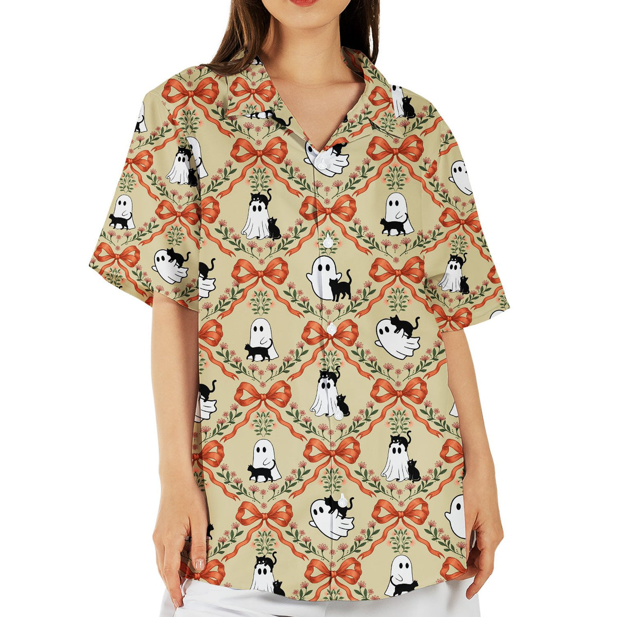 Fifth lifestyle view of matching family hawaiian shirts with halloween ghost and cat design