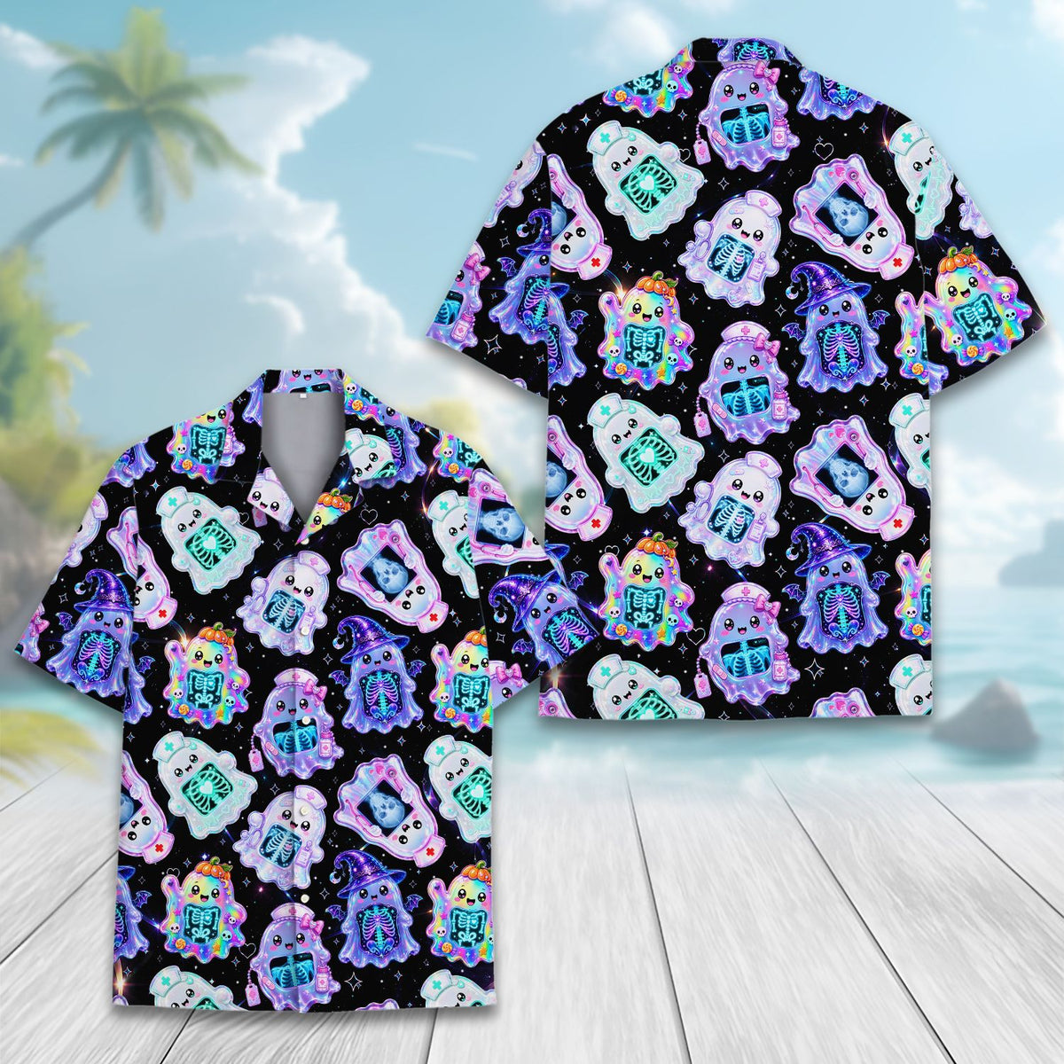 Another lifestyle perspective of the pastel ghosts halloween hawaiian shirt in a casual setting
