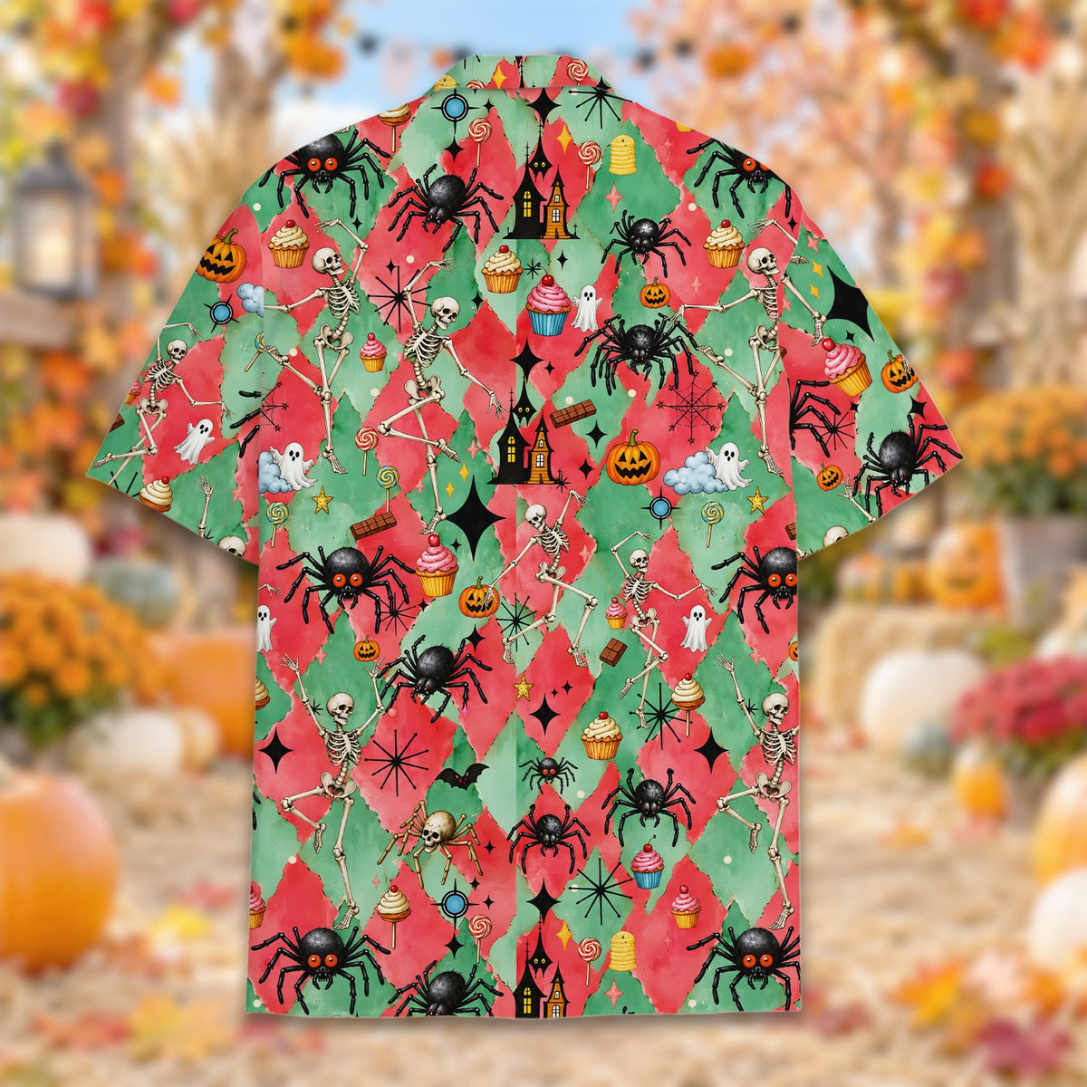 Matching family hawaiian shirts in halloween print, lifestyle view 6