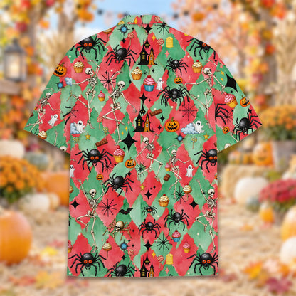 Matching family hawaiian shirts in halloween print, lifestyle view 6