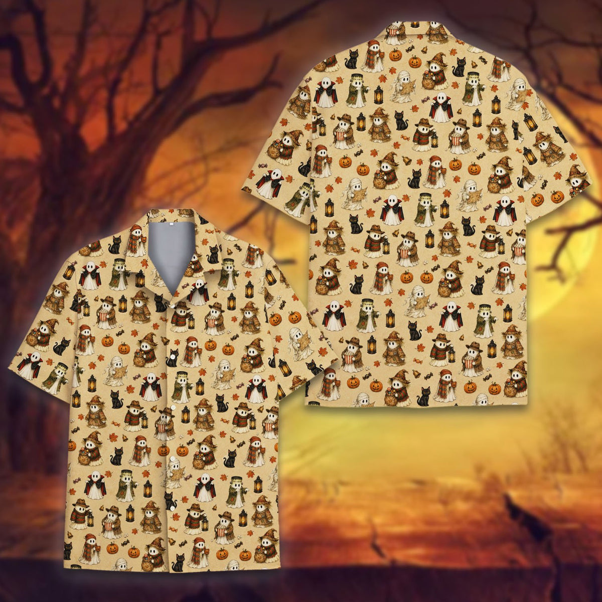 Lifestyle view of a person wearing the rustic halloween hawaiian shirt outdoors