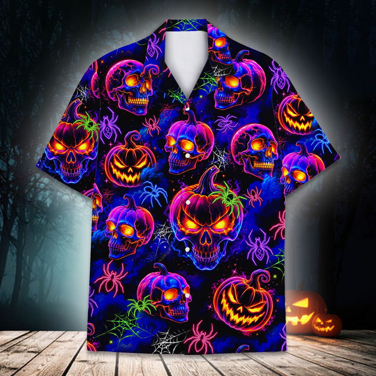 Lifestyle shot featuring the halloween hawaiian shirt in a festive setting