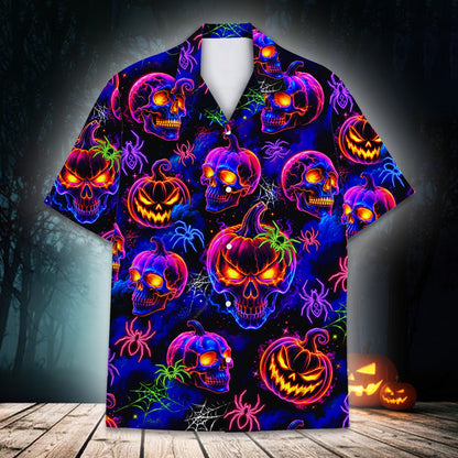 Lifestyle shot featuring the halloween hawaiian shirt in a festive setting
