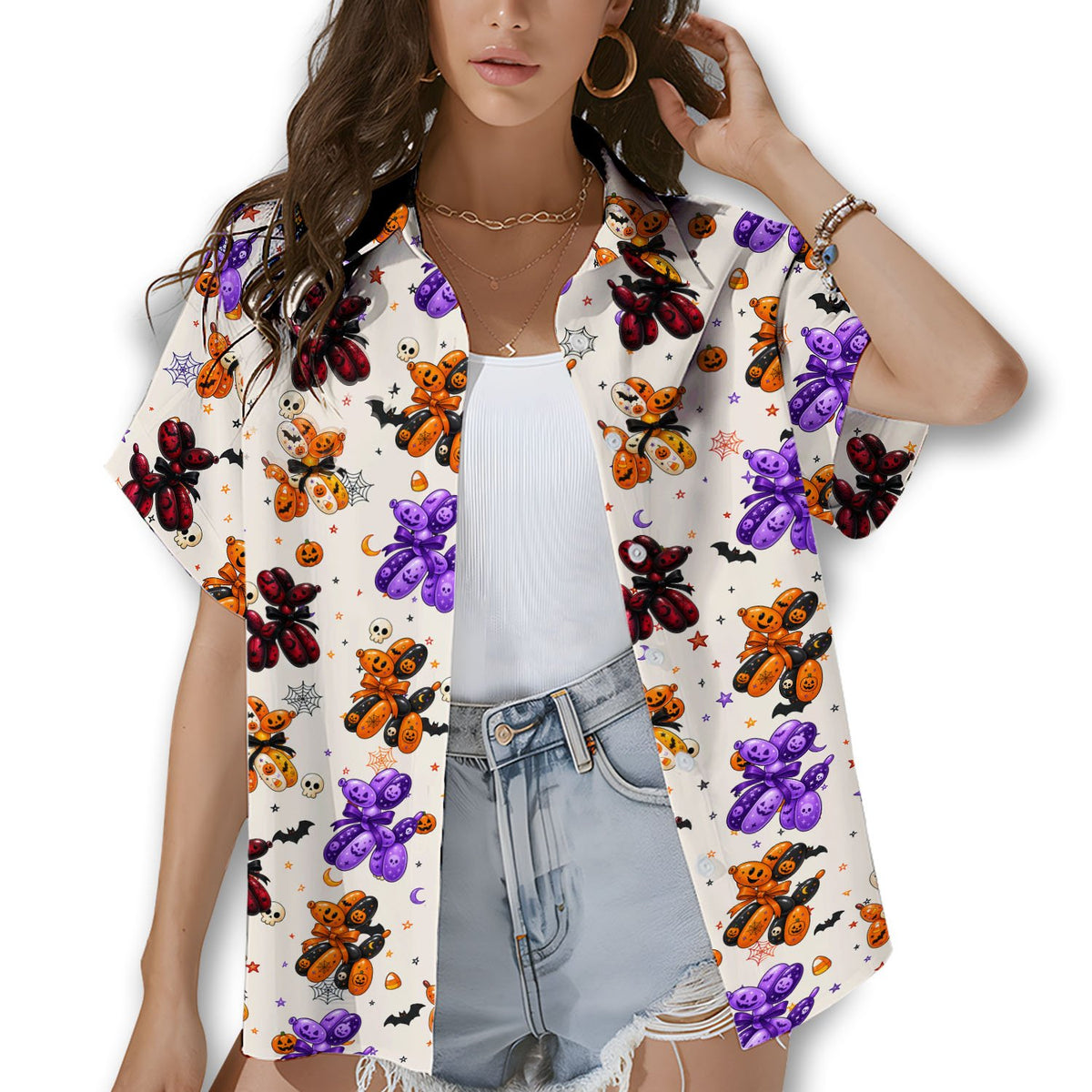 Lifestyle view of matching family hawaiian shirts for Halloween