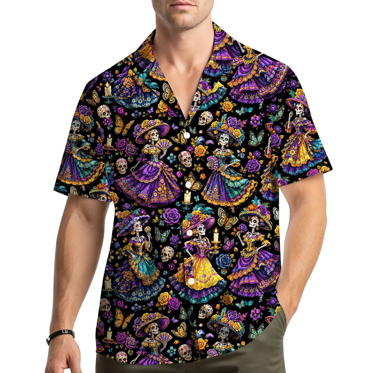 Lifestyle view of a person wearing the Halloween hawaiian shirt outdoors