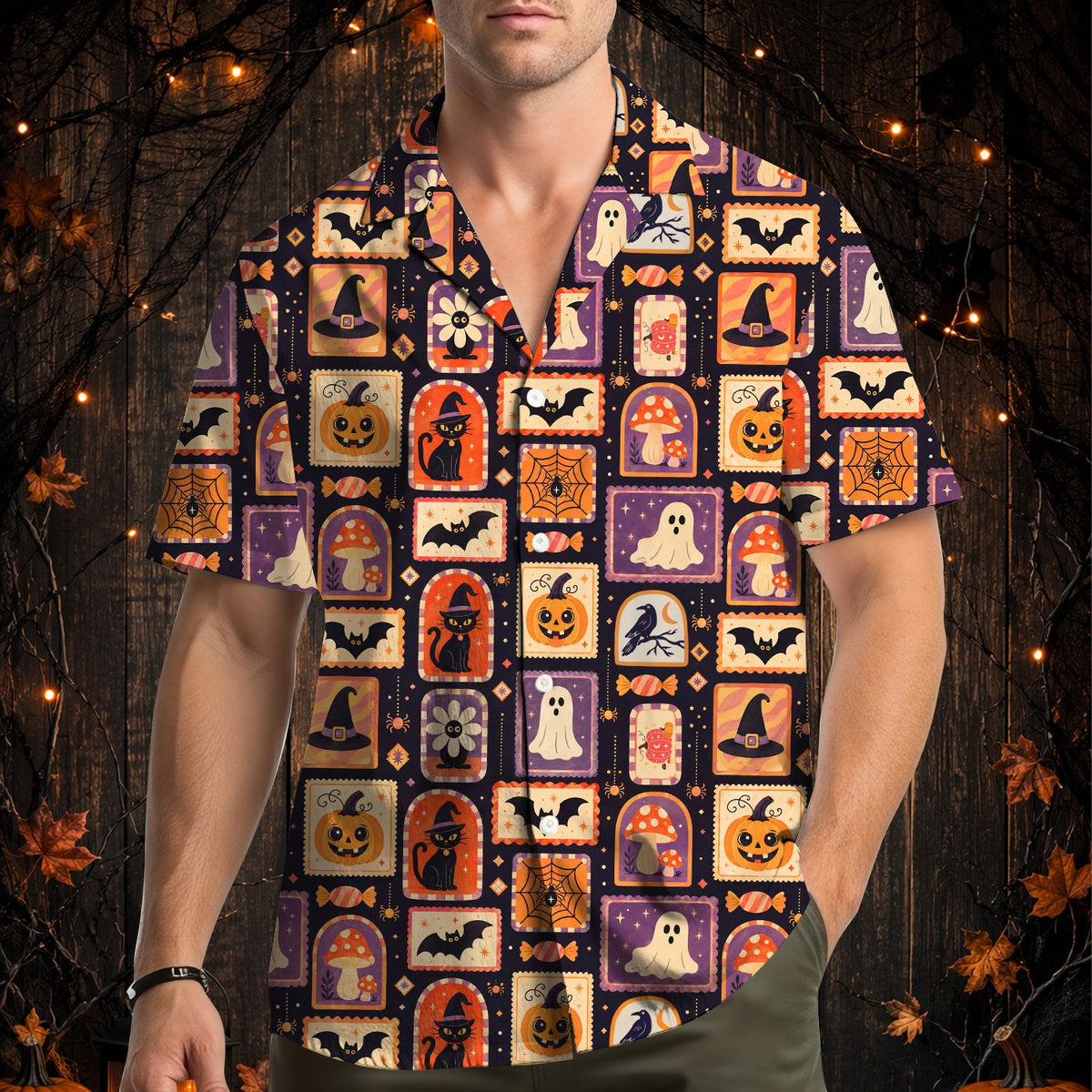A family wearing matching family hawaiian shirts with Halloween patterns enjoying the autumn weather