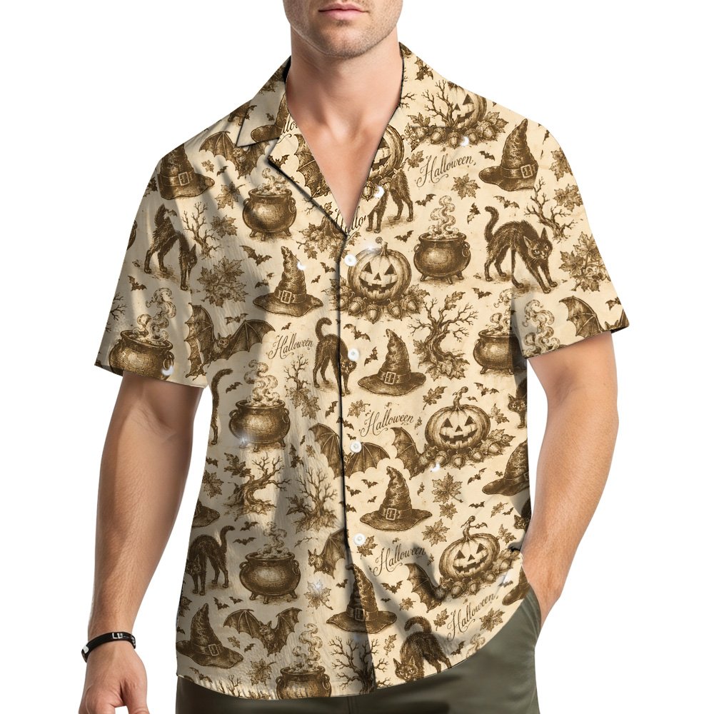 Lifestyle view of a family wearing the matching family hawaiian shirts for halloween