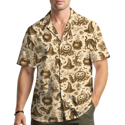 Lifestyle view of a family wearing the matching family hawaiian shirts for halloween
